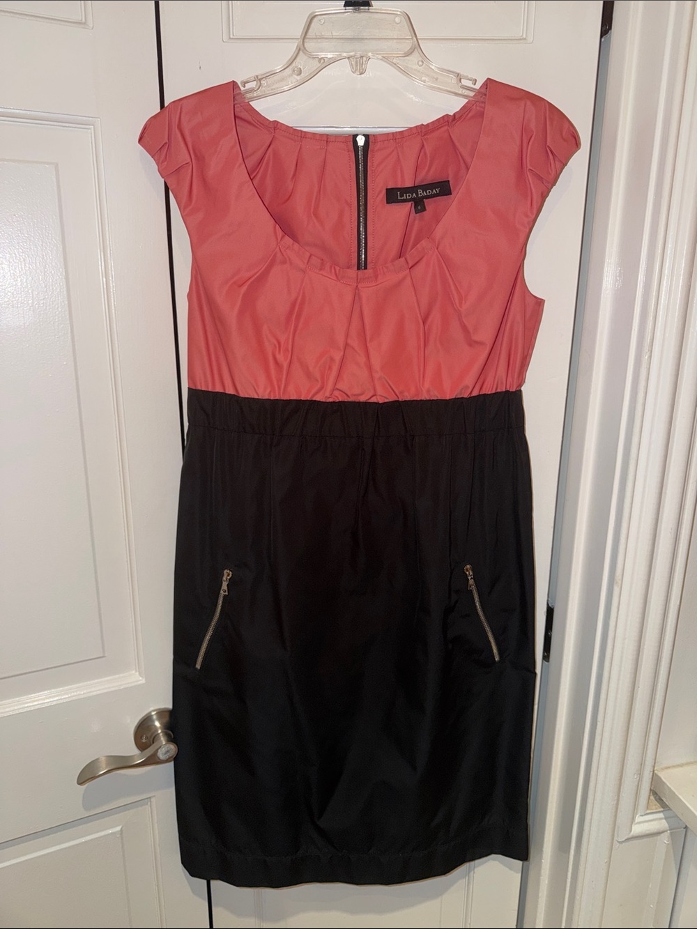 Lida Baday Coral and Black Cap-Sleeve Midi Dress